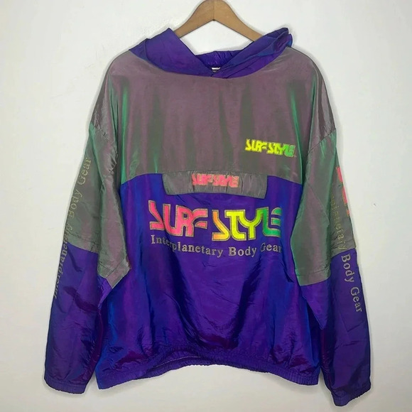 Vintage 90s SURF STYLE Body Gear iridescent hooded windbreaker popover jacket - Picture 3 of 15